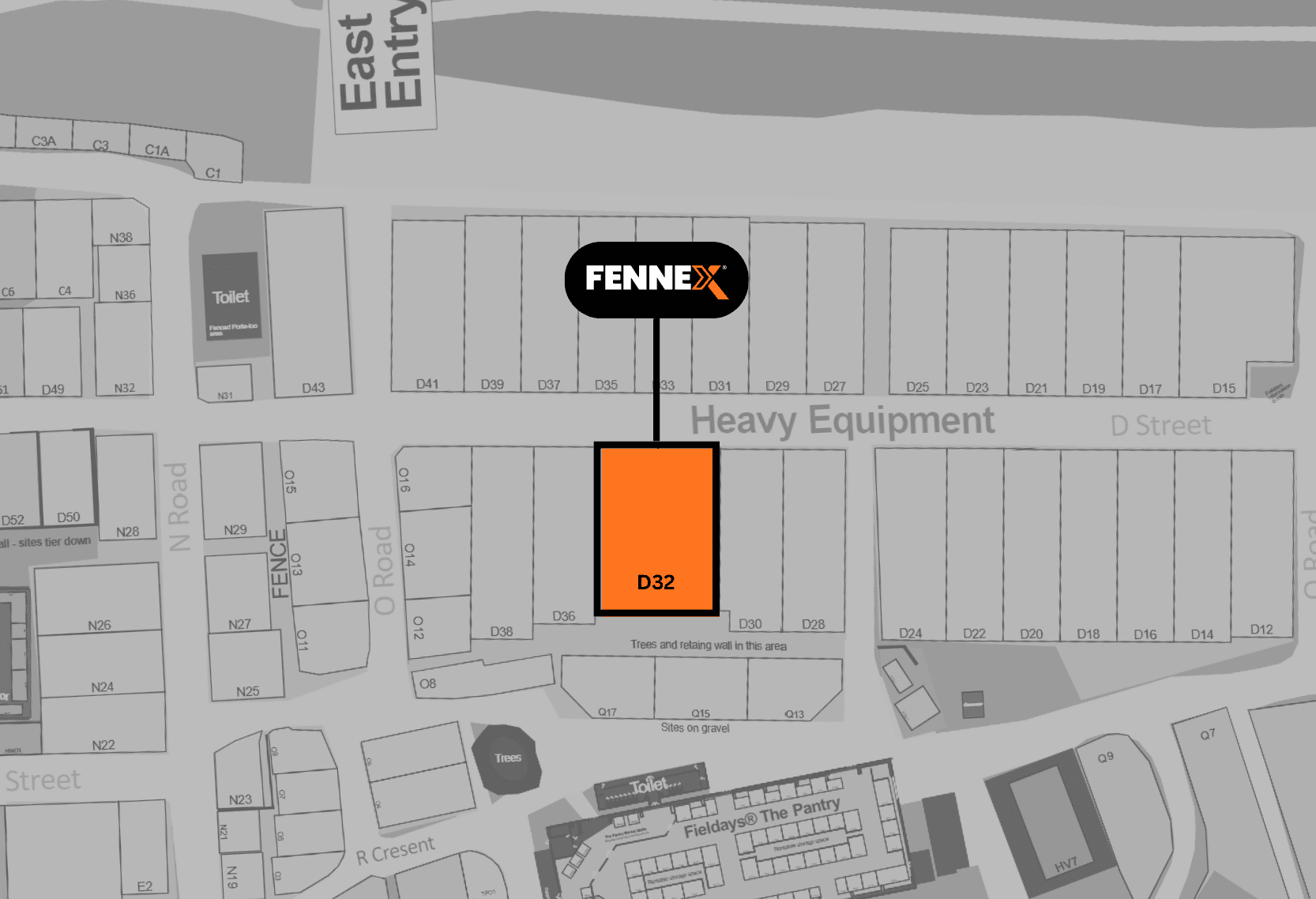 Fennex Industrial site map location D32 Heavy Equipment area at Fieldays 2026 Mystery Creek